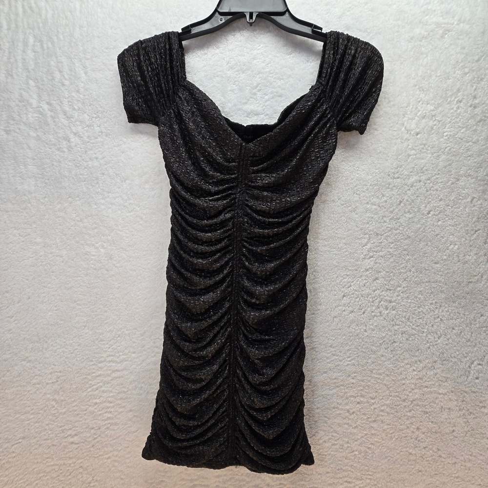 Vintage Y2K Metallic Ruched Womens Bodycon Mini Dress Black Party Fitted XS Rave